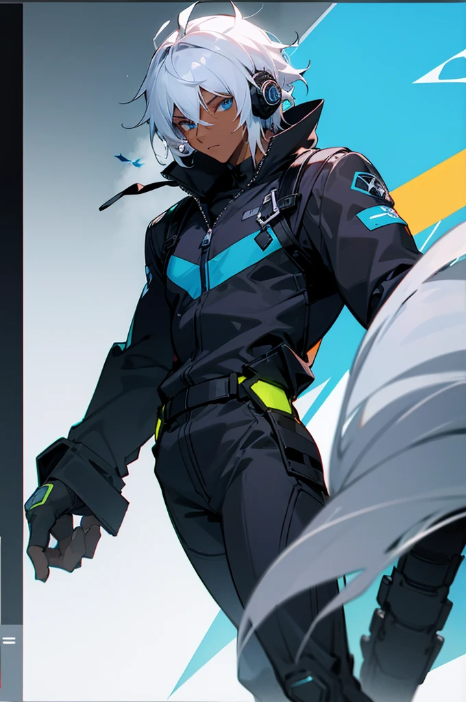 adult, Male, white hair, blue eyes, African American Dark skin color, black jumpsuit, headphones, Trion Body, Goggles.