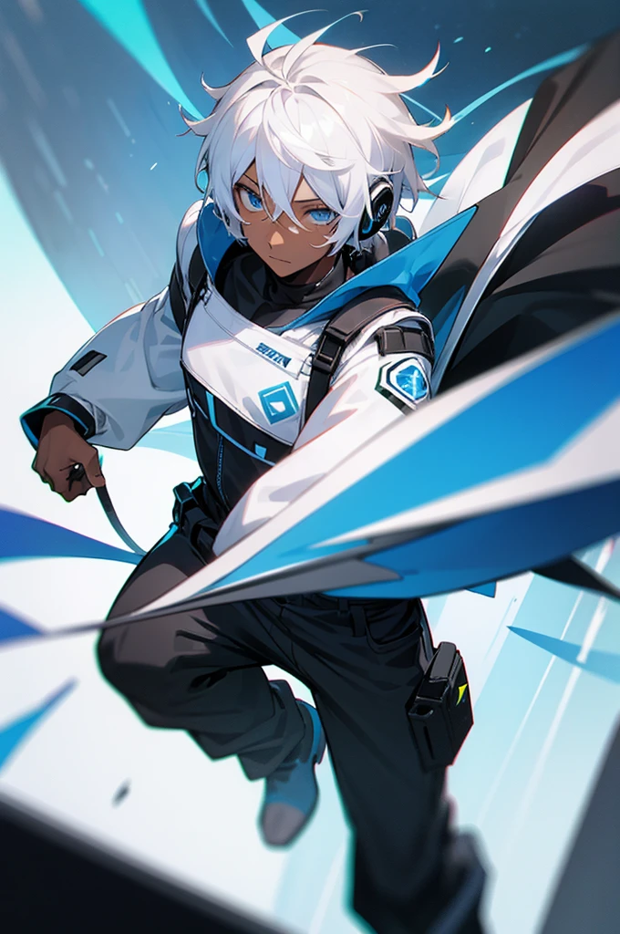 Young adult, Male, white hair, blue eyes, African American Dark skin color, black jumpsuit, headphones, Trion Body, Goggles.