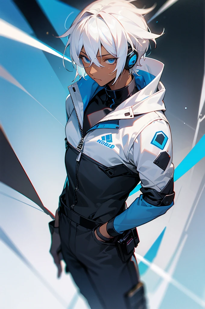 Young adult, Male, white hair, blue eyes, African American Dark skin color, black jumpsuit, headphones, Trion Body, Goggles.