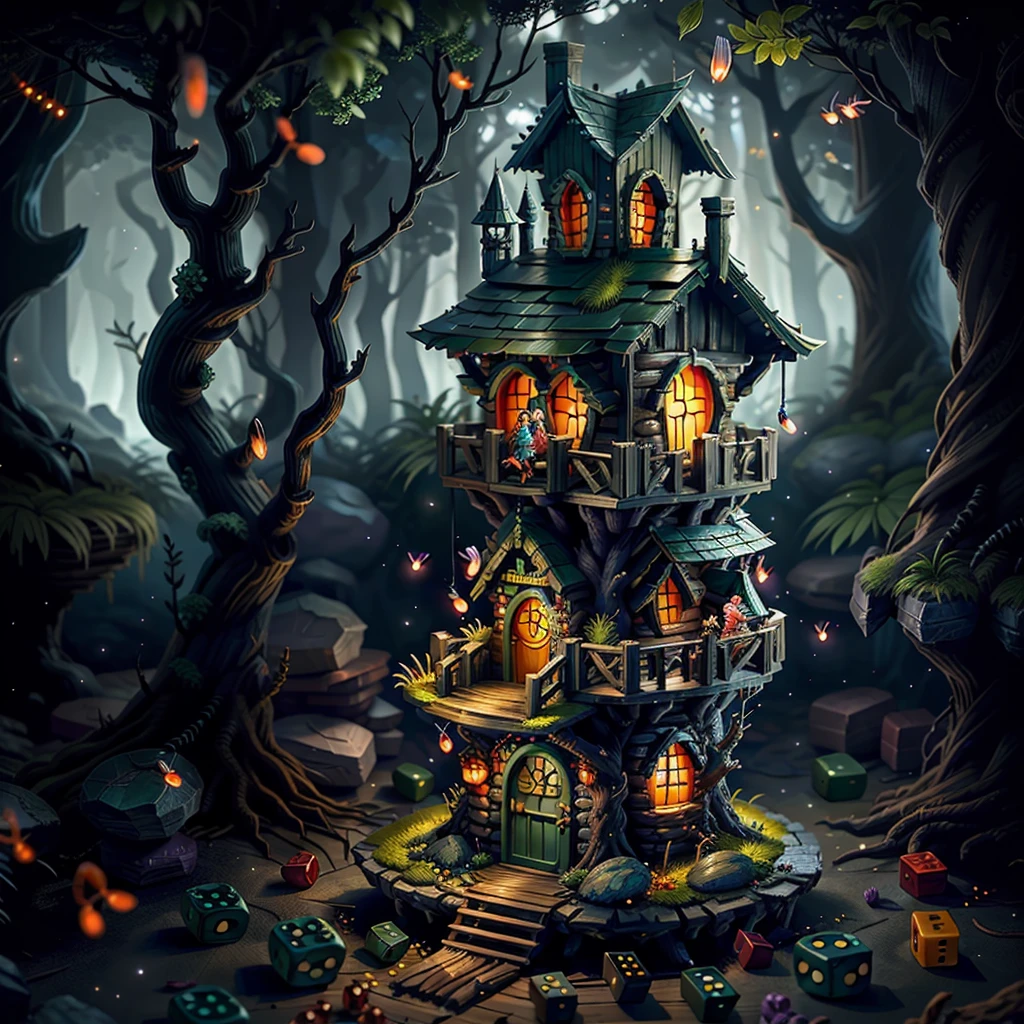 most beautiful dice tower, made of stones and wood, dice tower design, small, cute miniature style, (forest fireflies fantasy fairy house), (midnight), (Irregular), (mysterious), dreamy, disney, vector, ultra detailed, extremely realistic, dungeons and dragons, OverallDetailXL