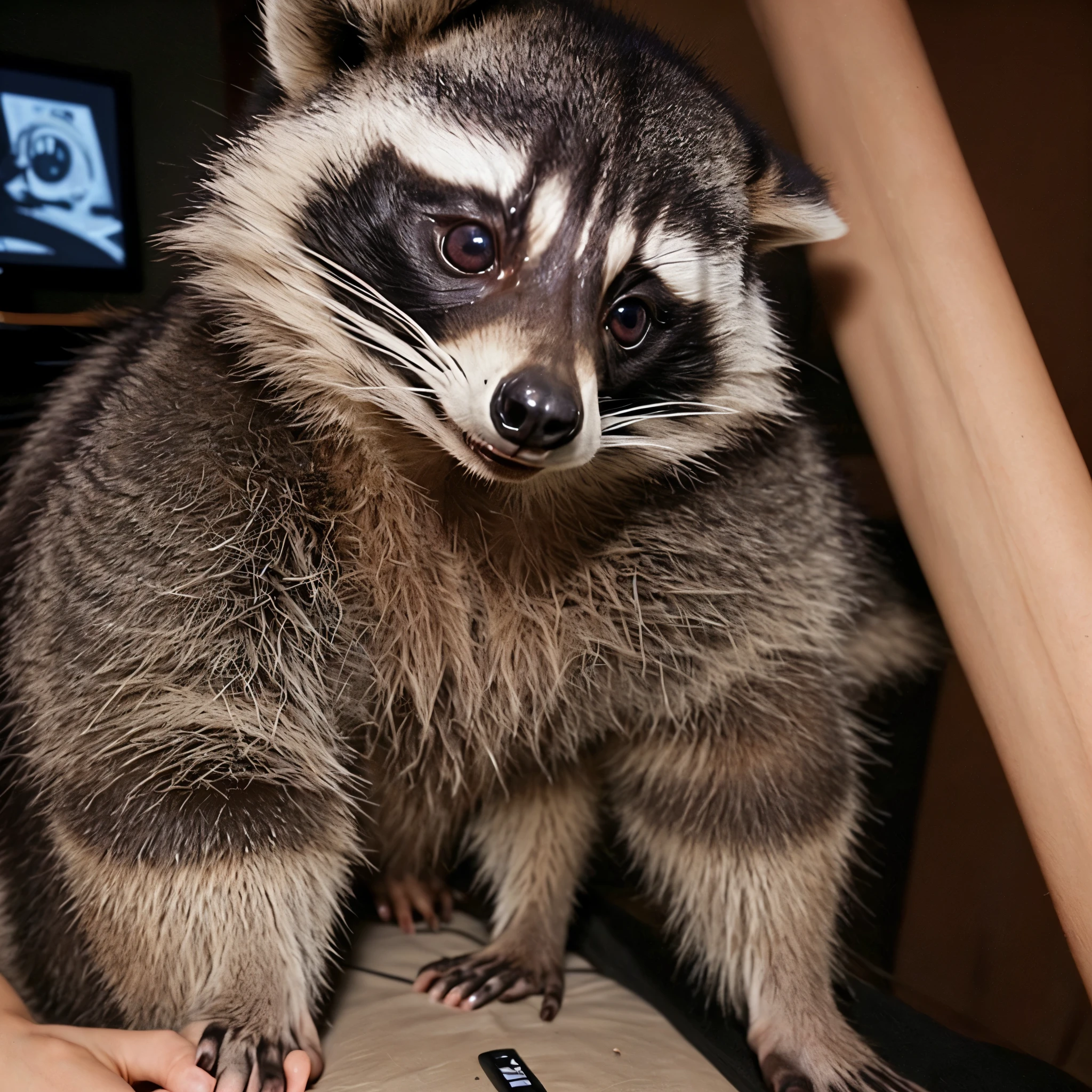 Sexy male raccoon with freen eyes, gamer, tall, kind, sexy shirt off