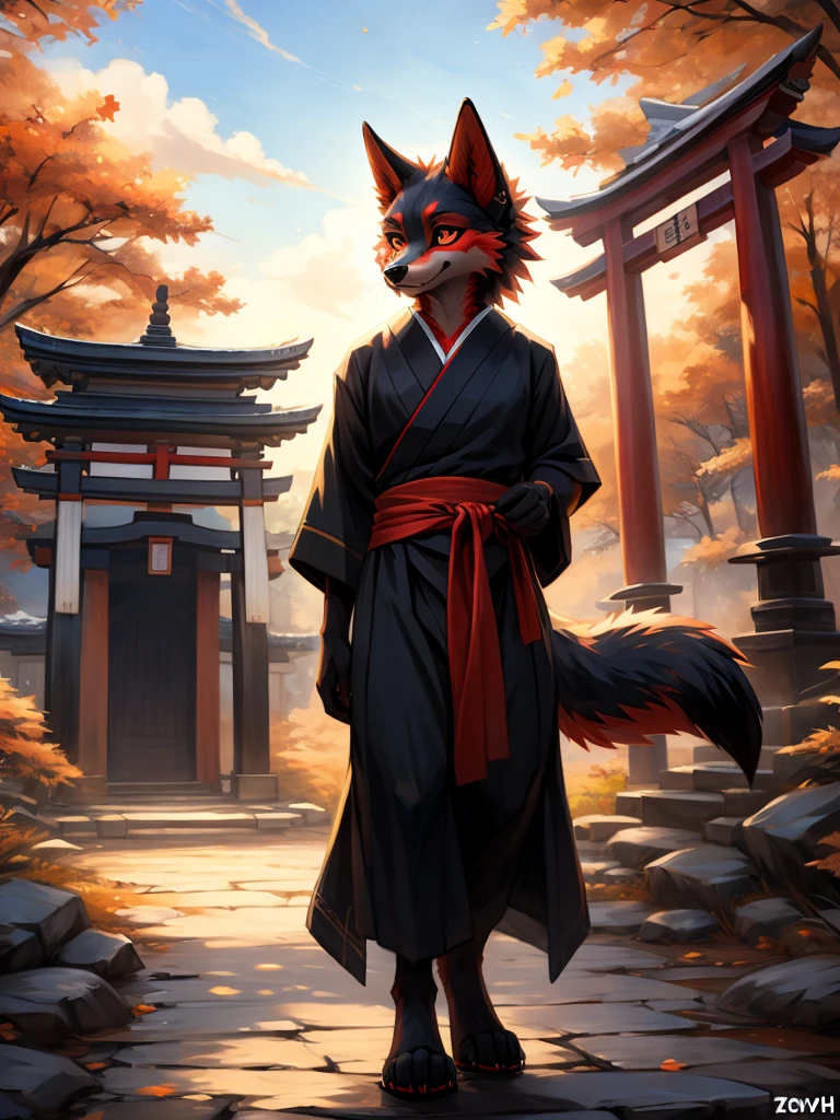 zoe, ((high quality)), black body red fur, (anthro) wolf, red iris, <lora:kimonoClothes_v10:1>, ((clothed)), (uchikake, obi, sash), drawn by foxovh, outside, standing in front of japanese torii gate <lora:zoe fluffyrock 576 v1.2:1.15>