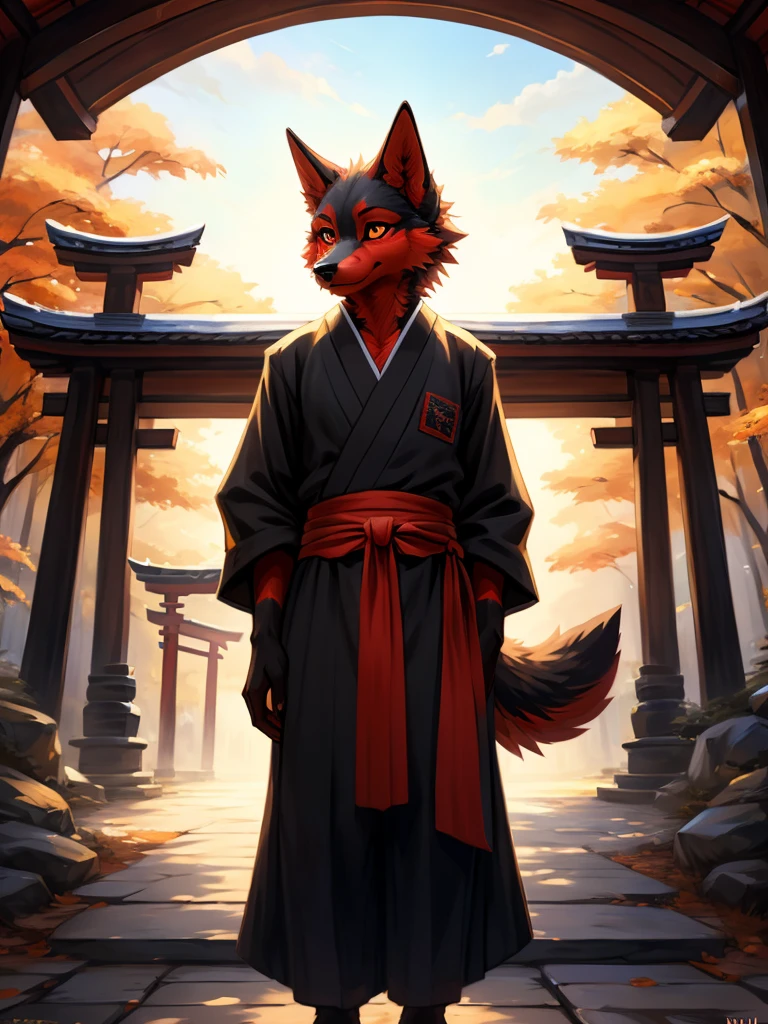 zoe, ((high quality)), black body red fur, (anthro) wolf, red iris, ((clothed)), (uchikake, obi, sash), drawn by foxovh, outside, standing in front of japanese torii gate