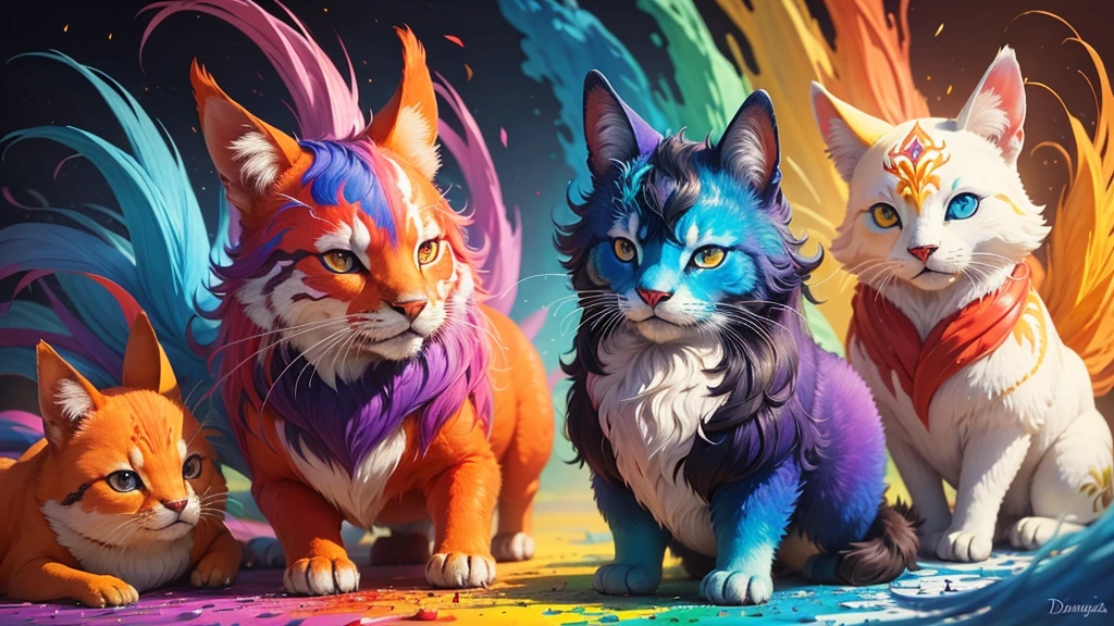 three beautiful and magical nature animals made of colorful paints. tintas derramadas por toda parte, explosions of colorful paints.