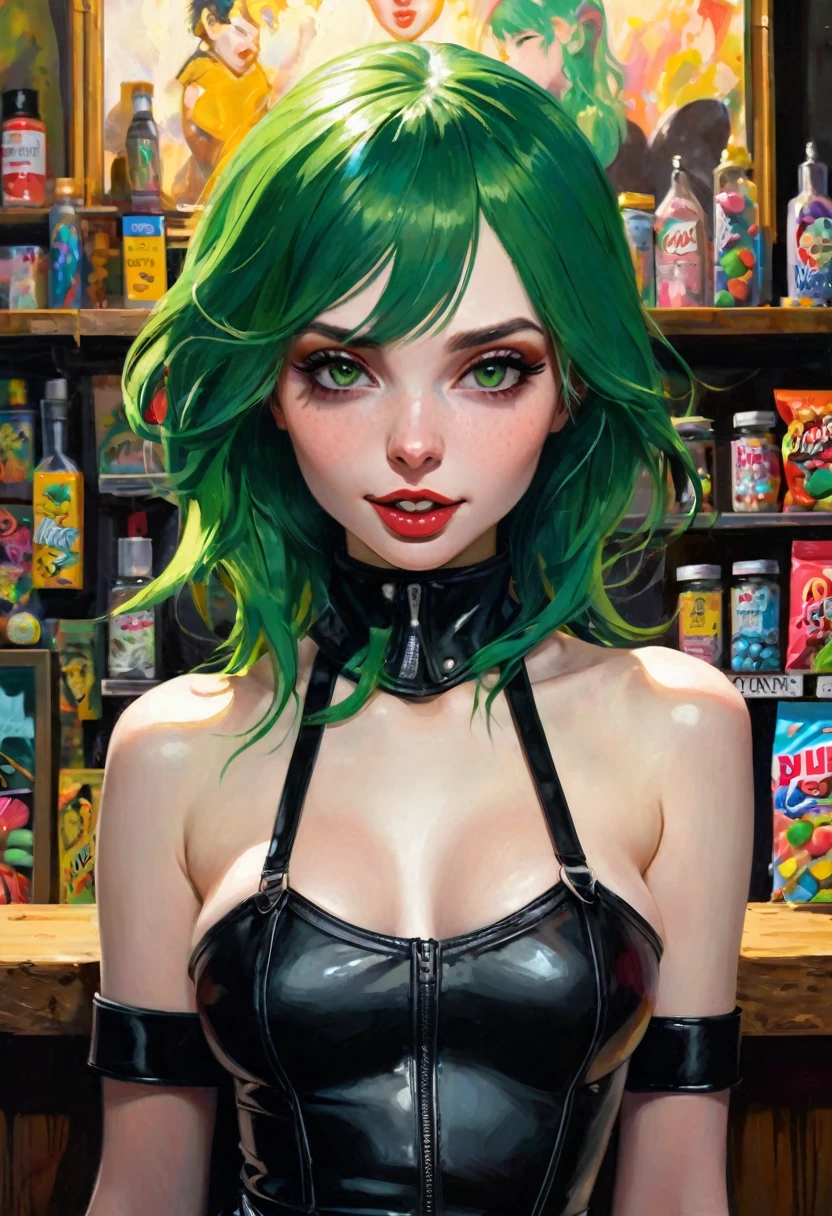 erotism , small tits, pronounced nipples,woman long green hair, full body, perfect ass {{{{1woman,realistic,photorealistic}}}}, perfect ass, good girl face, very small breasts,1boy, nsfw, 1girl, fellatio, oral, licking_penis, large_penis, masterpiece, solo_focus, cum_on_breasts, bukkake, cum_on_body, cum, {{a girl with green hair in the middle of a small candy store, sexy and naughty smile, punk look, tight leather dress, pronounced nipples, sex sex sex, doogystile(inspirational art by Dave McKean and Bill Sienkiewicz, oil painting, brushstroke details that enhance depth)(best quality,4k,8k,highres,masterpiece:1.2)(best quality,4k,8k,highres,masterpiece:1.2),ultra-detailed,(realistic,photorealistic,photo-realistic:1.37),intricate details,vivid colors,sharp focus,professional,Dave McKean artwork, oil touch of surrealism,oil painting style,portrait,woman,beautiful detailed eyes,beautiful detailed lips,dreamlike atmosphere,shadow play,soft lighting,playful pose,minimalist room,dark hues,ethereal background,fantasy elements,texture,layered composition.