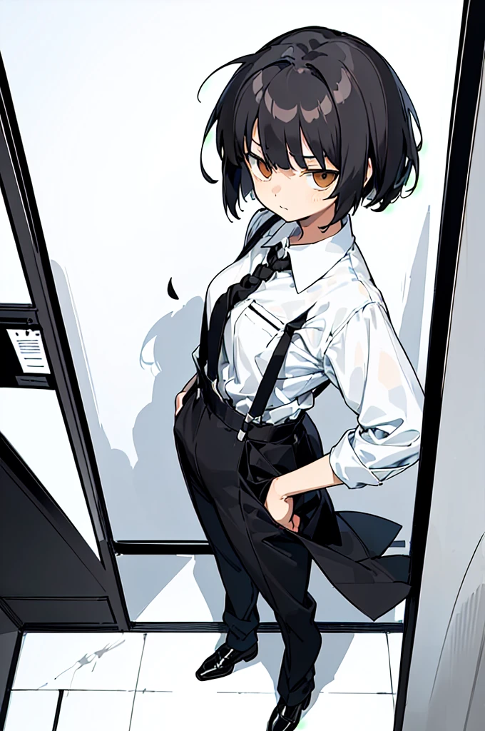 (finely best quality illustration:1.2), (((shy girl))), ((((shy posture)))), (((1 Girl))), (((standing up))), (((full body))), (((amber-colored irises))), ((flat chested)), ((((Urabe Mikoto from Mysterious Girlfriend X anime style haircut)))), (((hair bangs over eyes)))), ((((eyes hiding behind hair)))), (((short black wavy hair in a messy bob-cut))), (((messy bob-cut))), ((((black high-waist long slacks)))), ((black suspenders)), (((black tie))), (((women's dress shirt))), ((women's dress shoes)), ((20-year-old Office Lady)), ((((Office Setting))).