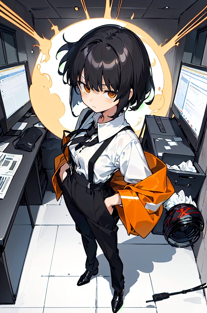(finely best quality illustration:1.2), (((shy girl))), ((((shy posture)))), (((1 Girl))), (((standing up))), (((full body))), (((amber-colored irises))), ((flat chested)), ((((Urabe Mikoto from Mysterious Girlfriend X anime style haircut)))), (((hair bangs over eyes)))), ((((eyes hiding behind hair)))), (((short black wavy hair in a messy bob-cut))), (((messy bob-cut))), ((((black high-waist long slacks)))), ((black suspenders)), (((black tie))), (((women's dress shirt))), ((women's dress shoes)), ((20-year-old Office Lady)), ((((Office Setting))).