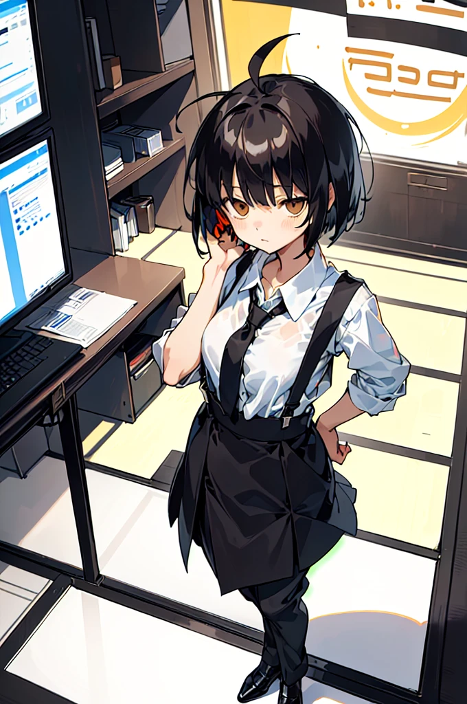 (finely best quality illustration:1.2), (((shy girl))), ((((shy posture)))), (((1 Girl))), (((standing up))), (((full body))), (((amber-colored irises))), ((flat chested)), ((((Urabe Mikoto from Mysterious Girlfriend X anime style haircut)))), (((hair bangs over eyes)))), ((((eyes hiding behind hair)))), (((short black wavy hair in a messy bob-cut))), (((messy bob-cut))), ((((black high-waist long slacks)))), ((black suspenders)), (((black tie))), (((women's dress shirt))), ((women's dress shoes)), ((20-year-old Office Lady)), ((((Office Setting))).