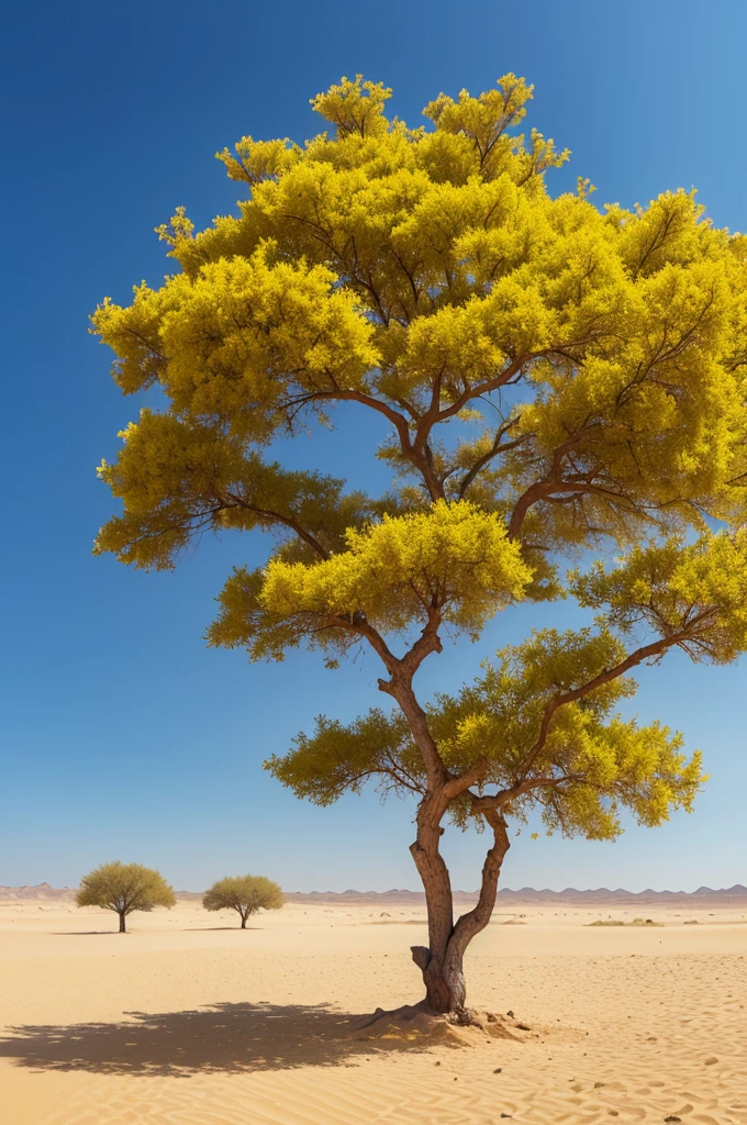 Imagem na horizontal, Arabian desert with just one very large tree with yellow flowers on the horizon