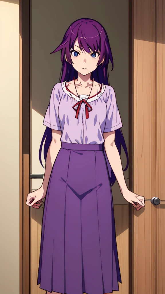 hitagisenjougahara, One girl, alone, Long Hair, Blue Shirt, View Viewer, blue eyes, brown skirt, skirt, Are standing, Purple Hair, Senjougahara Hitagi,
Home, Home, Shot of the boy above,