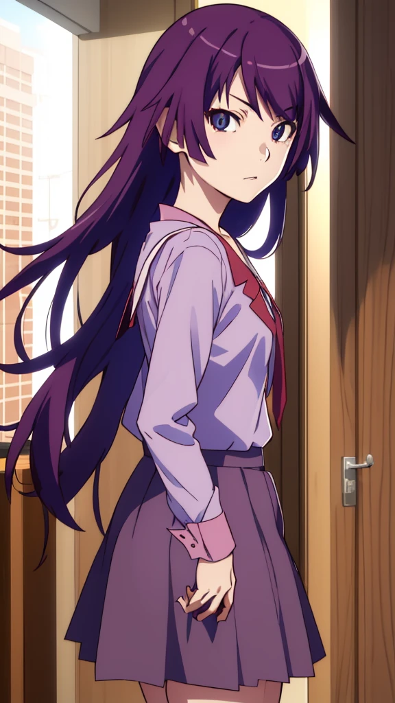 hitagisenjougahara, One girl, alone, Long Hair,  Blue Shirt, View Viewer, blue eyes, brown skirt, skirt, Are standing, Purple Hair, Senjougahara Hitagi,
Home, Home, Shot of the boy above,