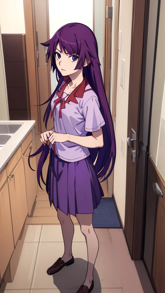 hitagisenjougahara, One girl, alone, Long Hair,  Blue Shirt, View Viewer, blue eyes, brown skirt, skirt, Are standing, Purple Hair, Senjougahara Hitagi,
Home, Home, Shot of the boy above,