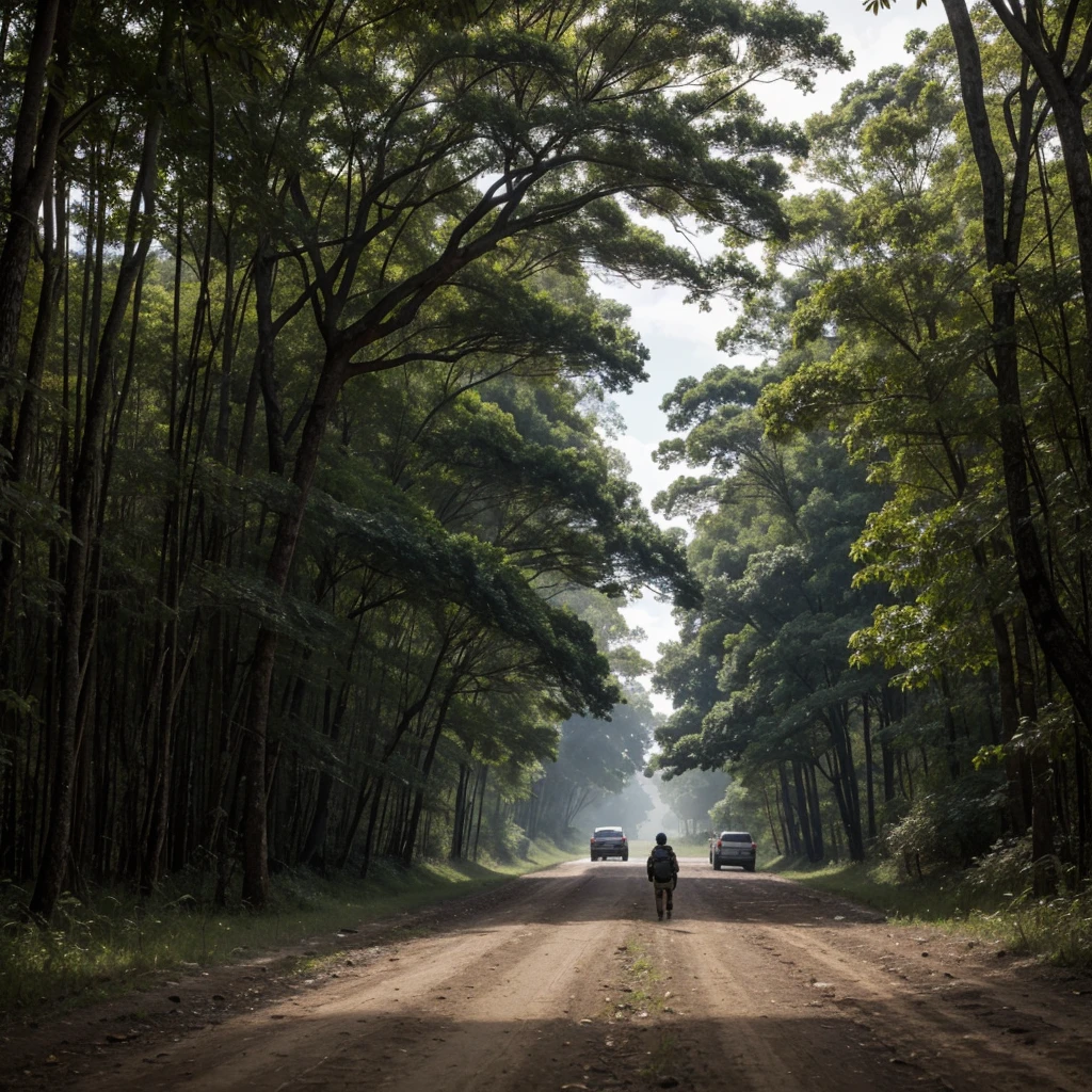 scene with the camera close to the ground, mostrando um adulto com mochila nas costas, like a survivalist and a dog leaving a highway and heading towards a tropical forest, a qual parece ser abandonada, with many trees and in the foreground, um cogumelo pequeno estranho soltando esporos no ar, as if he intended to infect the boy who is walking.