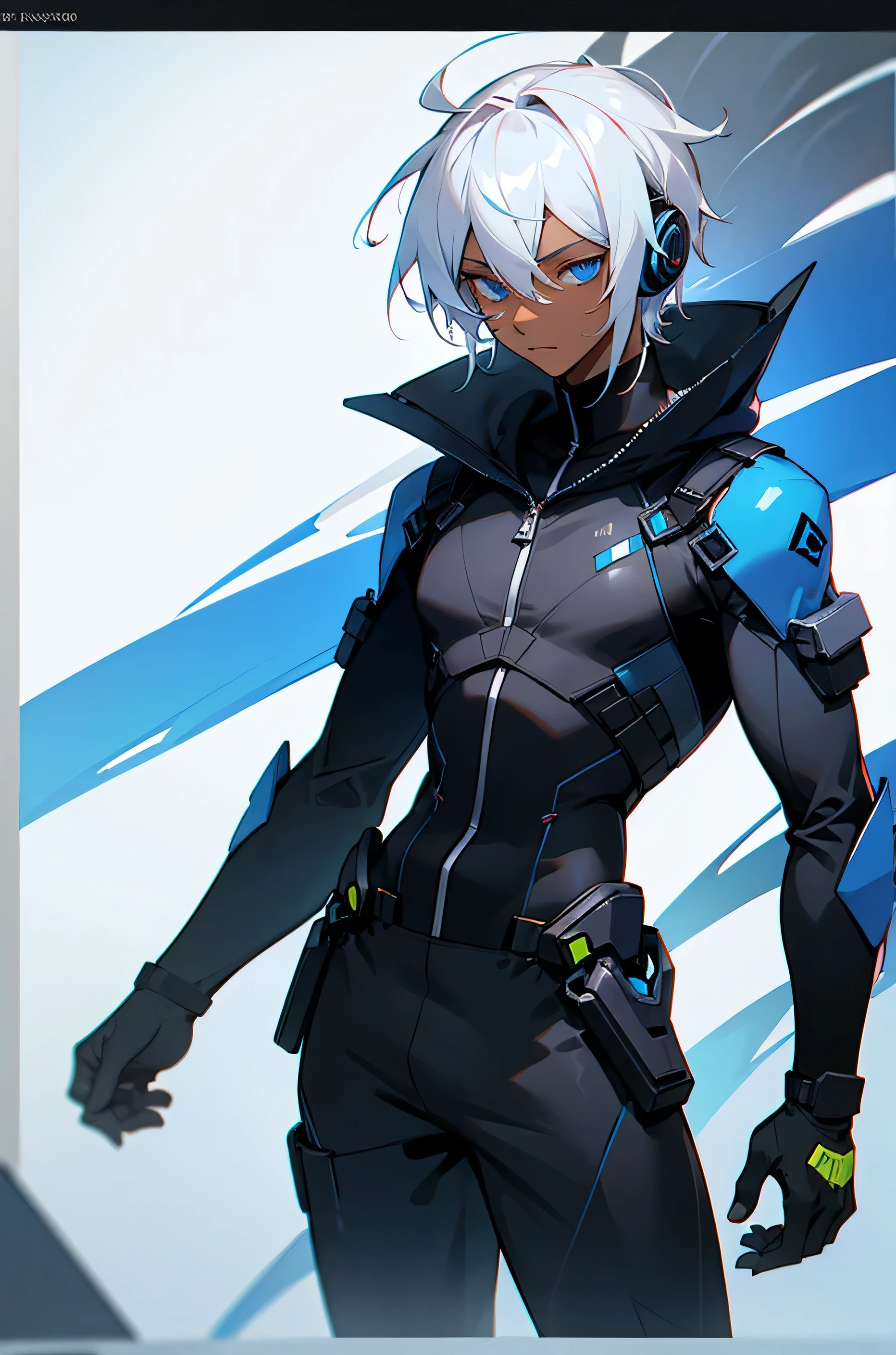 Young adult, Male, white hair, blue eyes, African American Dark skin color, black jumpsuit, headphones, Trion Body, Goggles.