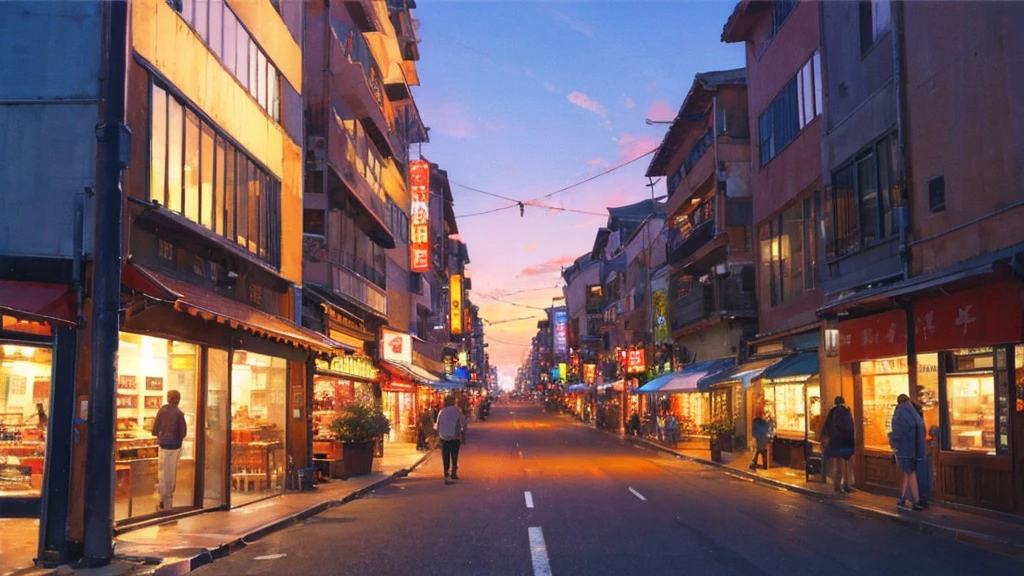 a bustling city street in yokohama on a warm afternoon, sunset, warm light, clear sky, detailed architecture, pedestrians, cars, stores, warm lighting, photorealistic