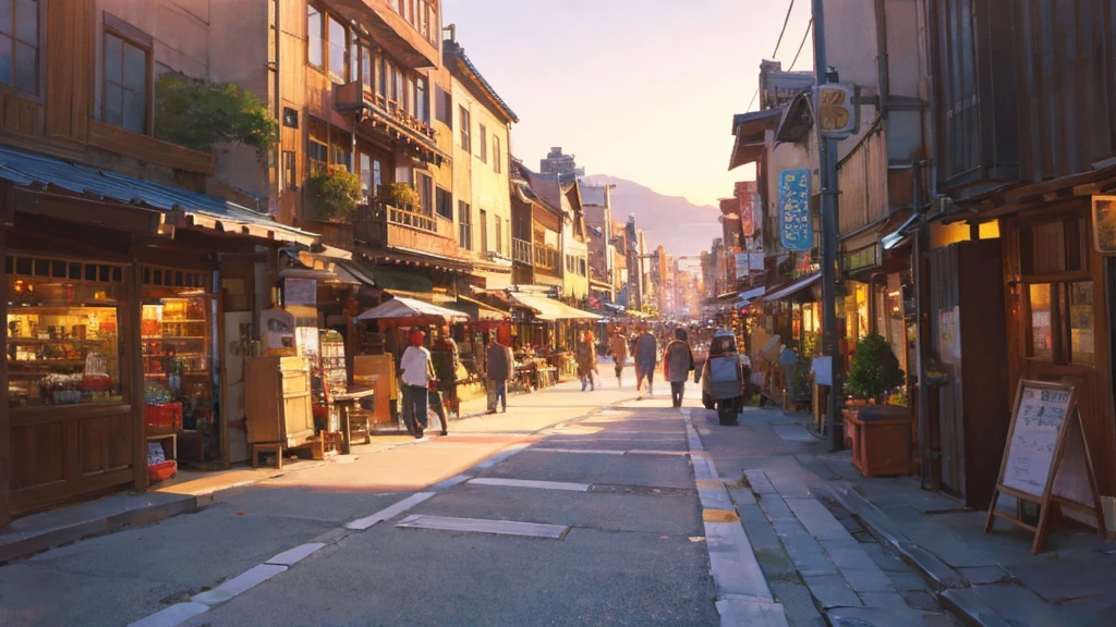 a bustling city street in yokohama on a warm afternoon, sunset, warm light, clear sky, detailed architecture, pedestrians, cars, stores, warm lighting, photorealistic