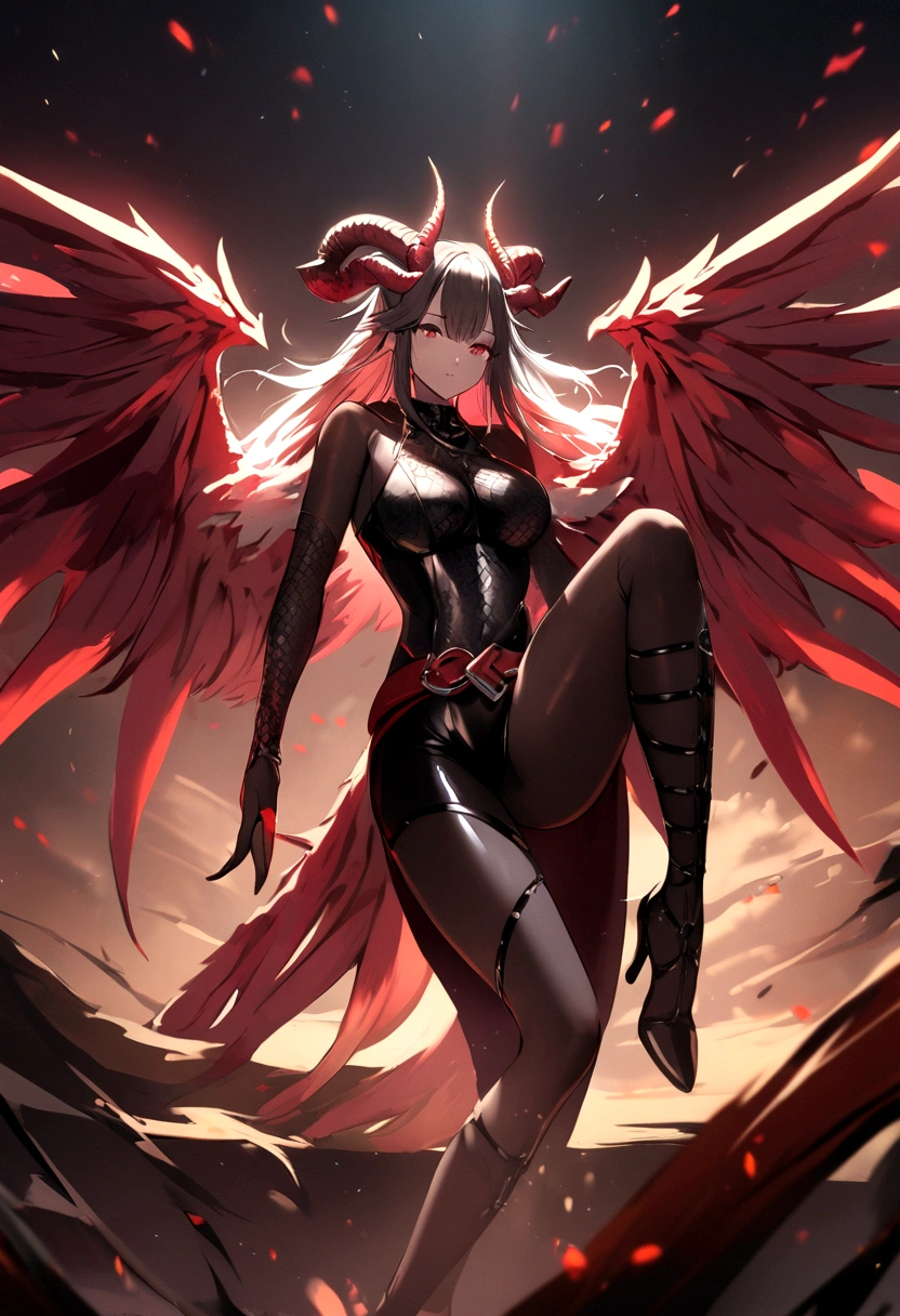Very beautiful japanese Lady Dragon with wings and horns  in black leather outfit with red belt and red ribbons on her legs.