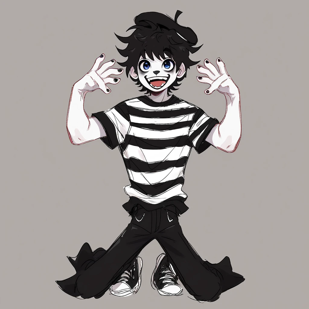 adult male mime, shirt grunge, sketchy lines, messy hair, black hair, wearing a beret, score_8_up, score_9_up,happy, has mime makeup on, wearing a mime outfit, dark blue eyes, performing on the streets of paris, miming, showing full body, on a city street, solo, alone, (SOLO)(ALONE) Dancing, arms out, hands open