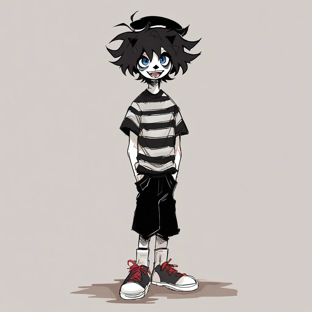adult male mime, shirt grunge, sketchy lines, messy hair, black hair, wearing a beret, score_8_up, score_9_up,happy, has mime makeup on, wearing a mime outfit, dark blue eyes, performing on the streets of paris, miming, showing full body, on a city street, solo, alone, (SOLO)(ALONE) Dancing, arms out, hands open
