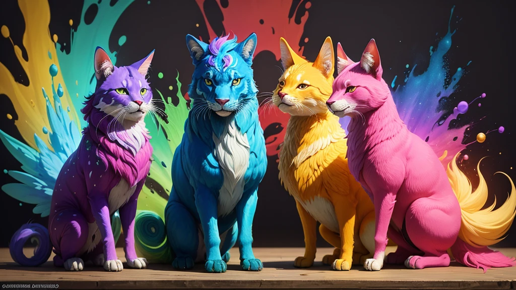 three magical nature animals made of colorful paints. tintas derramadas por toda parte, explosions of colorful paints.