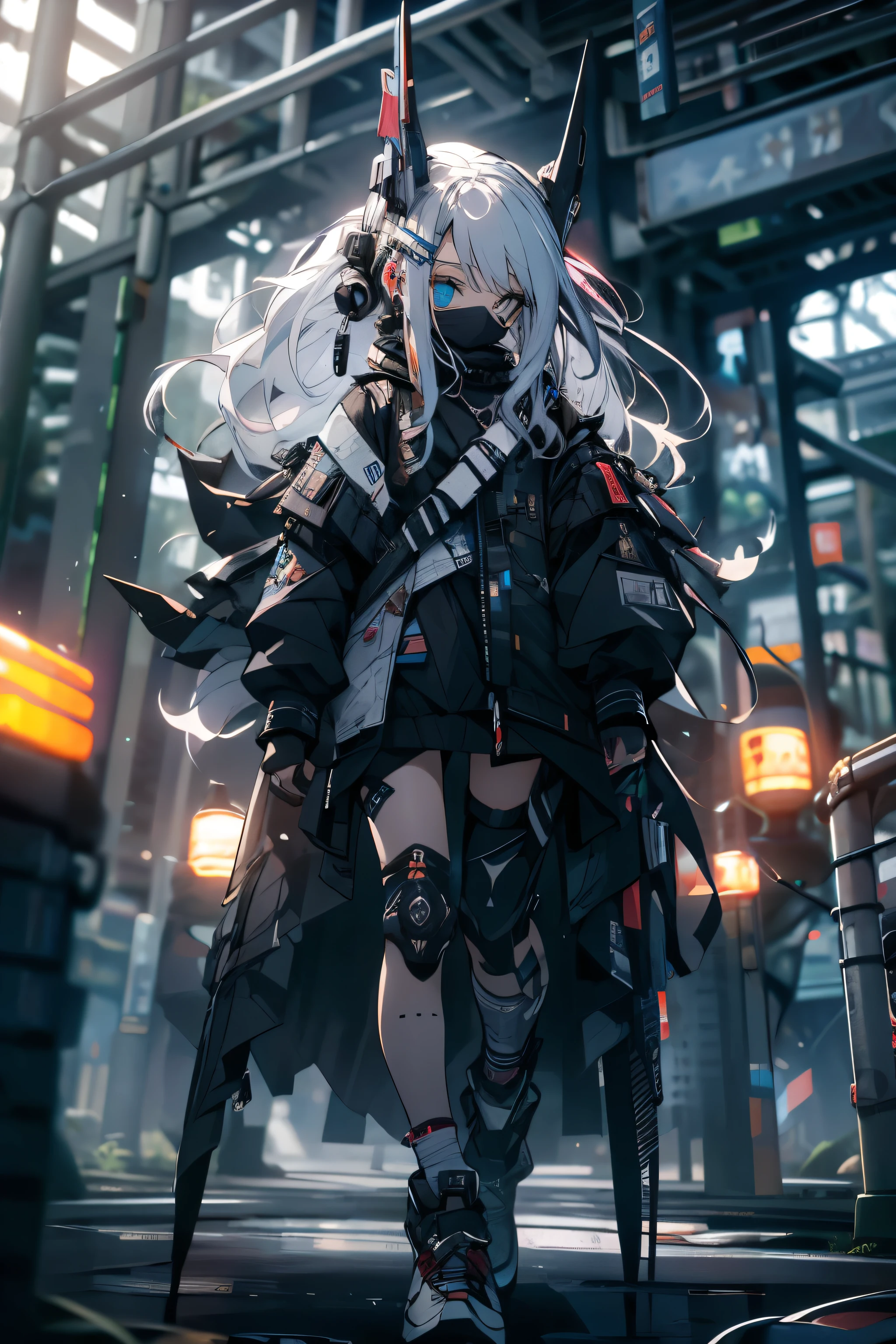 Heterochromia,permanent,white hair, long hair, Straight Hair, Deep blue eyes, Tech jacket,(((Girl wearing tech mask and tech accessories))), White high-top sneakers,