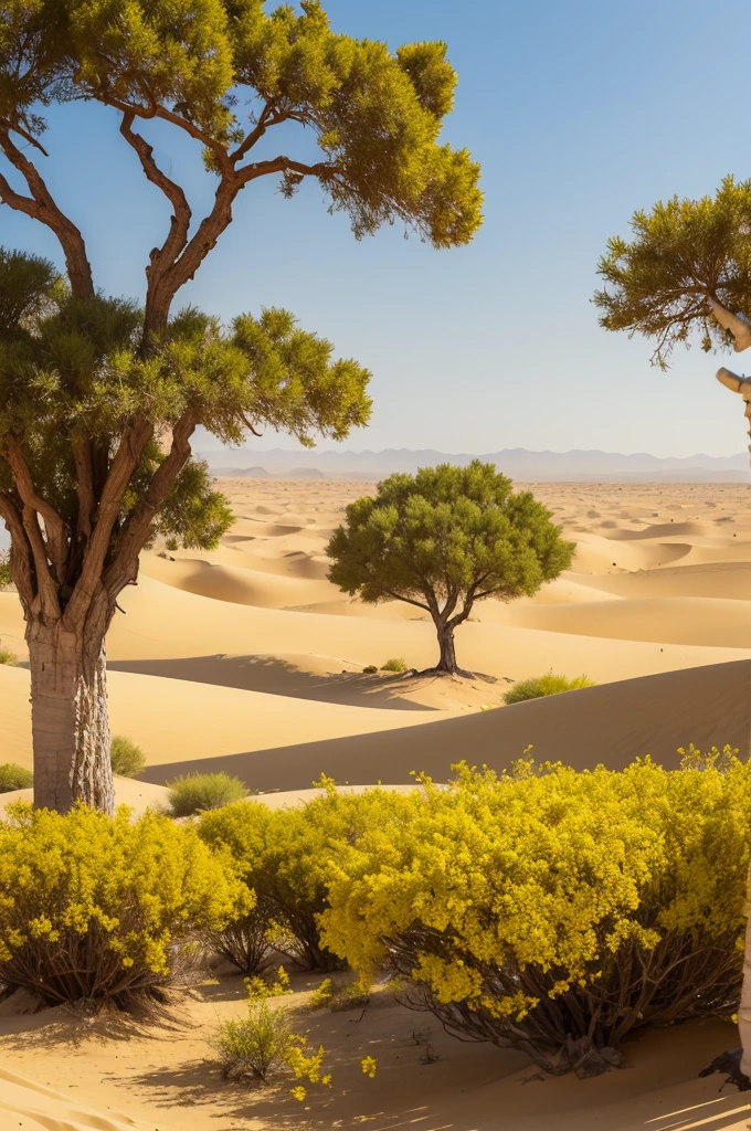 Arabian desert with just one very large tree with yellow flowers on the horizon