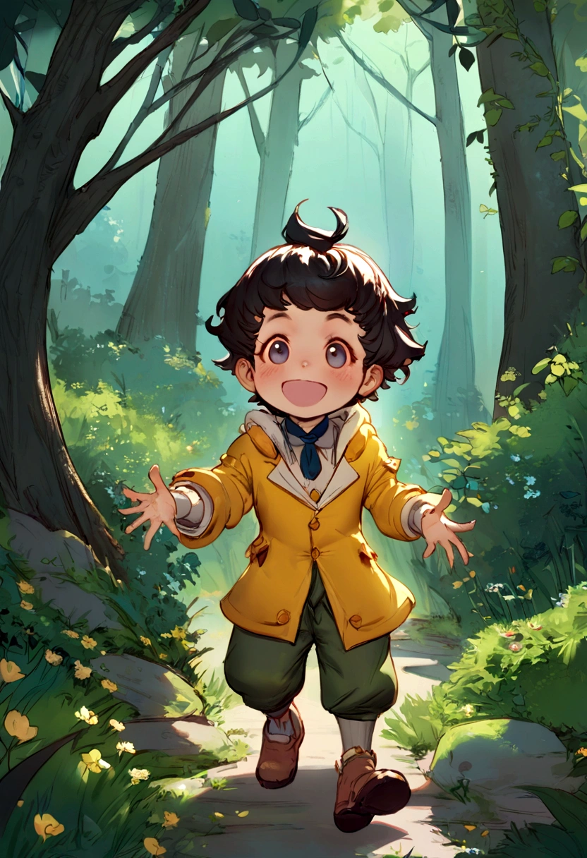 There is a little boy, who plays in the woods, adorable digital painting, expressing joy. by krenz cushart, childrens art in artstation, happy kid, Enjoying a walk in the woods, inspired by Goro Fujita, Yong-Hao Han, jaeyeon nam, inspired by Yeong-Hao Han, Kim Eun-hwan