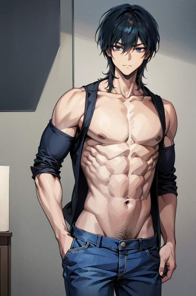 Ishimi, 1boy, 13 year old boy, barechested male, muscular boy, abs, biceps, muscular boy, pectorals, muscular pectorals, looking at viewer, jeans pants
