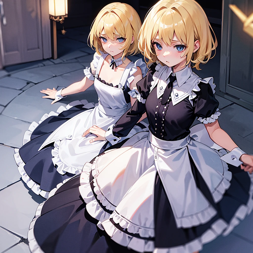Blonde short haired girl ,blue eyes,Emotionless eyes ,Forced to surrender to become a maid