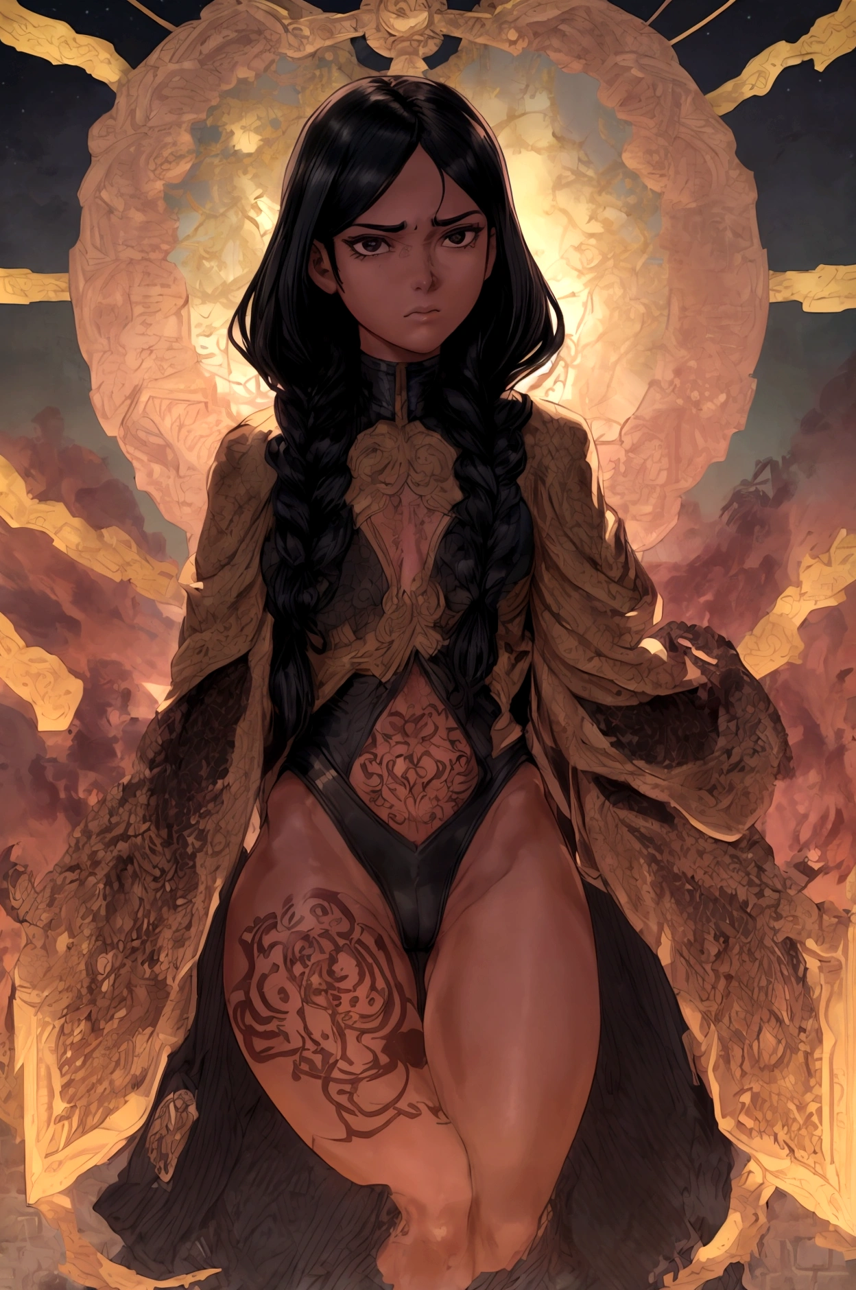 connie maheswaran age 25, ( extremely detailed CG, Mahagony-skinned female with dark Reddish-brown skin, black eyes, and phoenix back tattoo, wearing a full-body open back leotard, mini shorts with stars on the back pockets and a baret holding her black hair tight dragonbraid. strong , well-built, Perfect hourglass physique, amazing skin, strong oblong-shaped face, narrow convex hooked nose. strong, toned, wide heart hips,, biting lips enticingly, catching your eye, waving you closer to her). +( overlooking a coastal city with hands in her pockets,looking over her shoulder ,playful bottom hit) :+(view from behind, hd illustration, extreme long shot, rendered in Unreal Engine 5, hyper-realistic, , 128k, ultra - HD, intricate detail, super - res, webcomic animation, ink art, full-length portrait, wide-body shot, alluring aura and stare , ink art,Black ink,tattoo design outline, Lineart, brush art ,thin line animation, ultra-HD masterpiece, highest quality, highly detailed facial expressions,realistic expression, perfect piece, perfect prompt ,full length, best quality, intricately accurate facial and physical structure, intricately realistic expression and emotion, accurate colored complexion, accurate body anatomy, intricate bodypaint, complex hairstyles, intricate character detail, intricately expressive, intricate color design, complex emotions,)