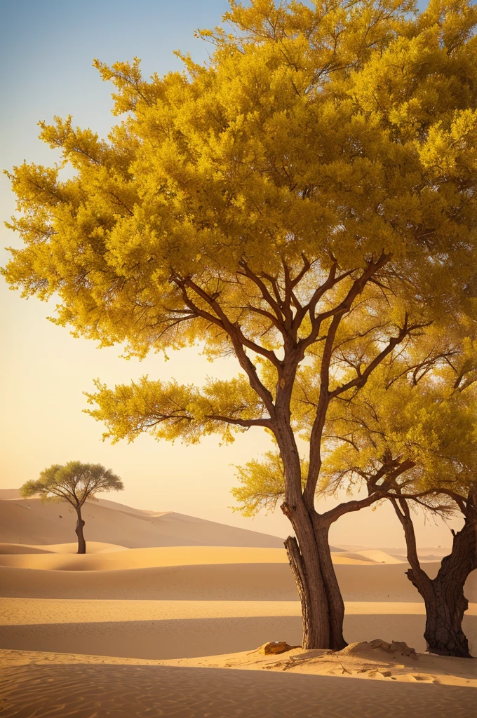  Arabian desert with just one very large tree with yellow flowers on the horizon
