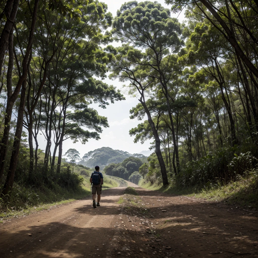  scene with the camera close to the ground, mostrando um adulto com mochila nas costas, like a survivalist and a small dog leaving a highway and heading towards a tropical forest, a qual parece ser abandonada, with many trees and in the foreground, um cogumelo pequeno estranho soltando esporos no ar, as if he intended to infect the boy who is walking.