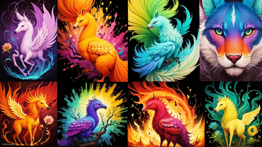 four magical nature animals made of colorful paints. tintas derramadas por toda parte, explosions of colorful paints.
