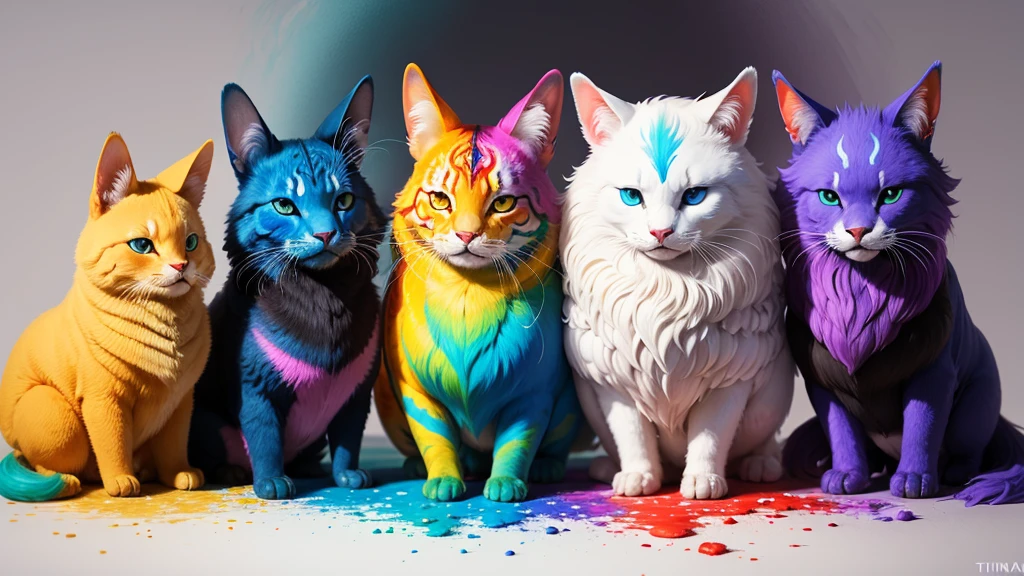 four magical nature animals made of colorful paints. tintas derramadas por toda parte, explosions of colorful paints.