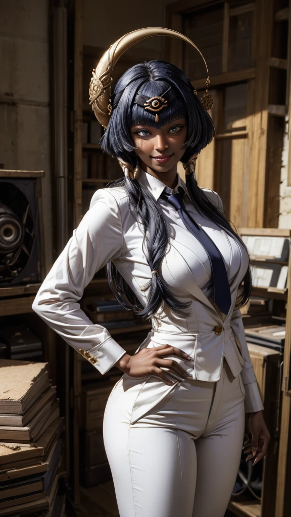 (masterpiece, best quality, detailed), 1girl, solo, looking at viewer, candace, (dark skin, dark-skinned female:1.3), eye of horus, jewelry, hair ornament, short hair with long locks, sidelocks, large breasts, long hair, ((heterochromia)),
pant suit, suit, formal, white suit, white pants, necktie, white shirt, basement, (dark:1.5), dimly lit, ojou-sama pose, laughing, hand on hip, naughty face, smug