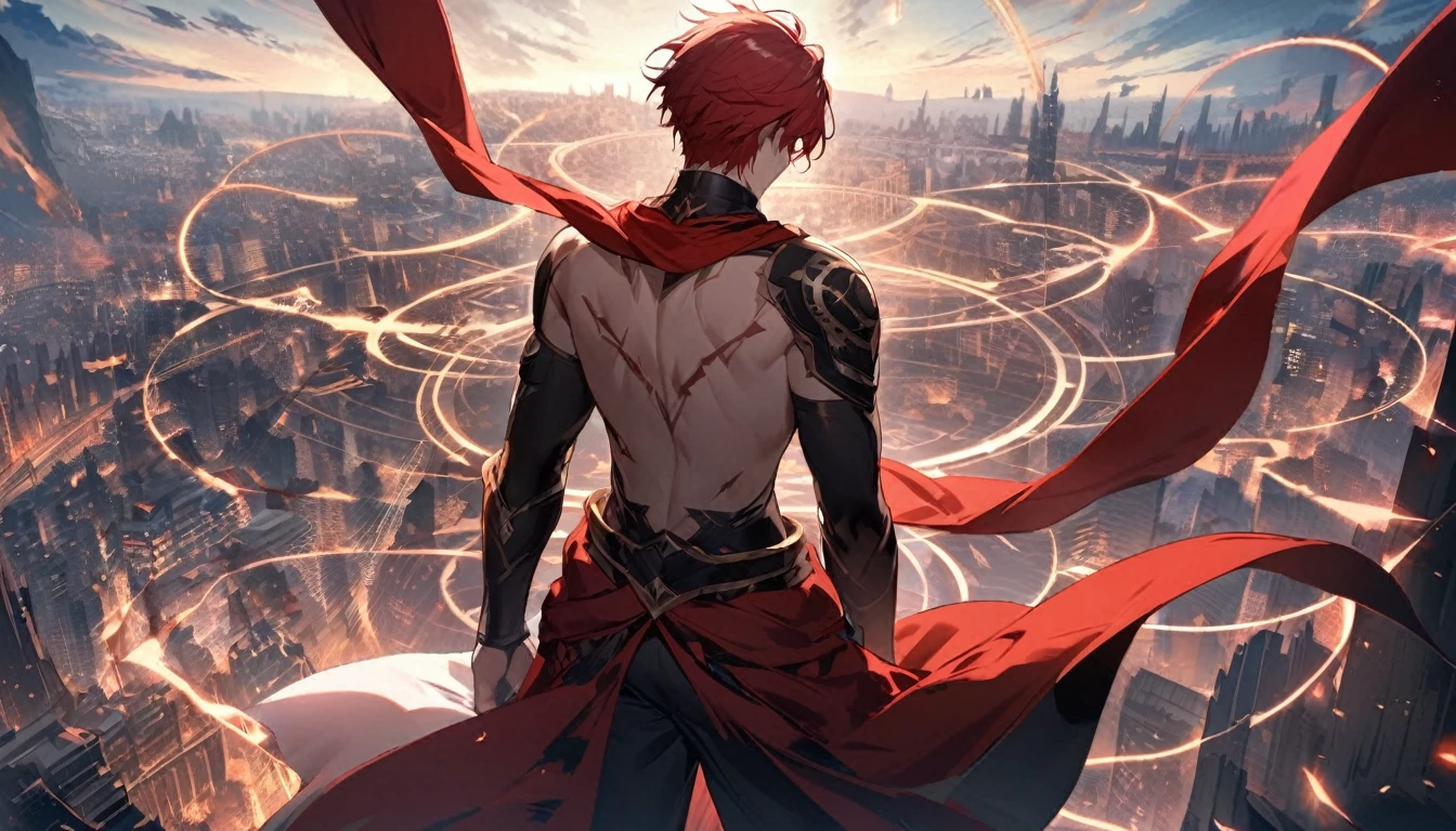 A pale magic circle floating in the sky, ,A hero who stands against the destruction of the world,1 boy with wine red hair, back of the character, city in the background