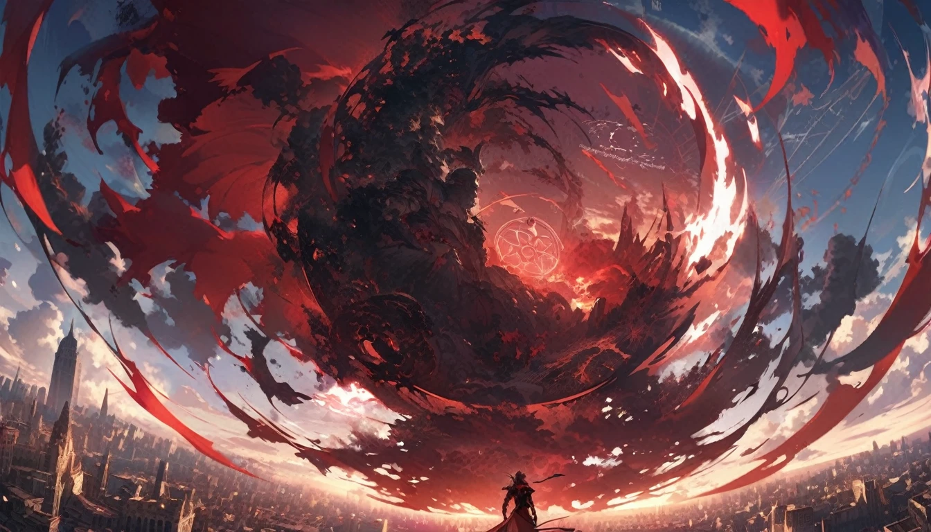 A pale magic circle floating in the sky, ,A hero who stands against the destruction of the world,1 boy with wine red hair, back of the character, city in the background