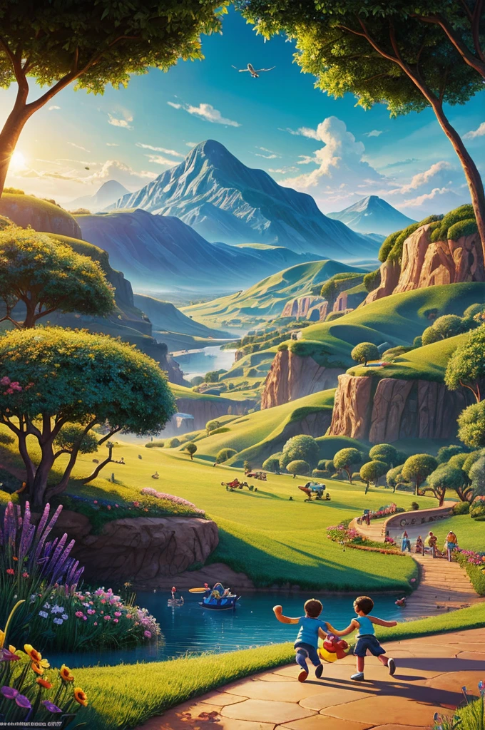Children playing happily with a landscape background, portada disney pixar