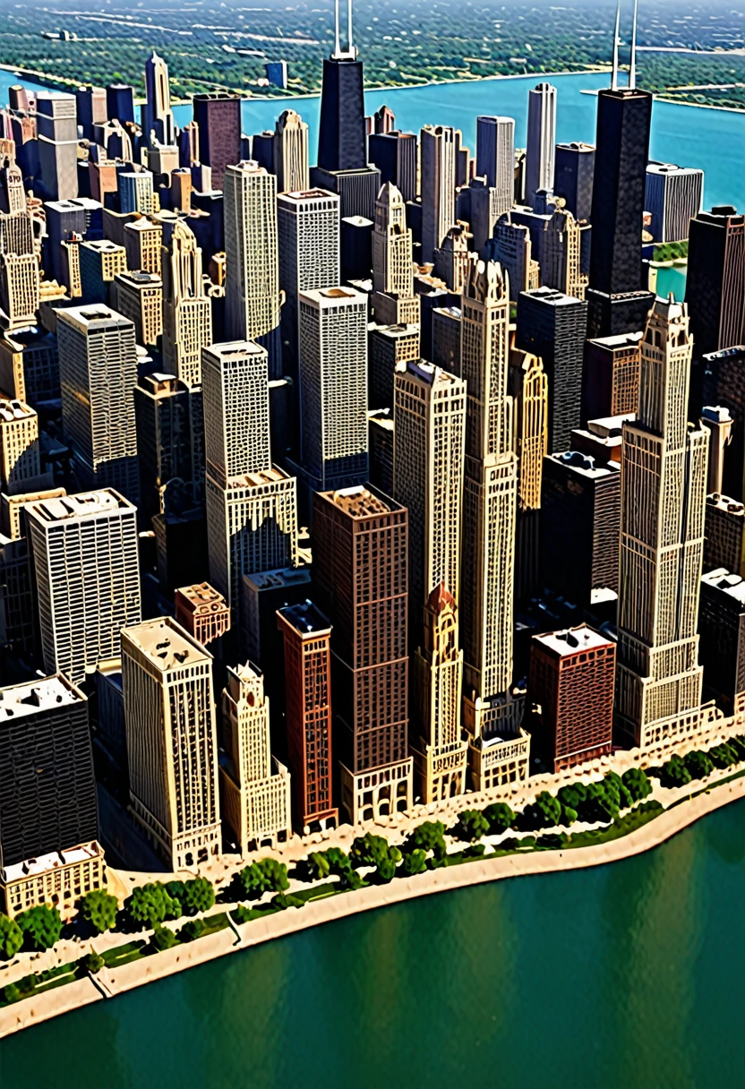 I need a piece of digital art to sell online on art and design platforms. The art should be a realistic representation of the city of Chicago, where the buildings are made from pieces of wood and the grain of the wood can be clearly seen. **Main Theme**: Representation of the city of Chicago. **Artistic Style**: abstract. **Visual Elements**: - Iconic Chicago buildings, such as the Willis Tower, the Hancock Tower, and the Wrigley Building, must be made from pieces of wood. - The wood grain should be clearly visible on all buildings, highlighting the natural details of the wood. - The cityscape should include some natural elements such as trees and Lake Michigan, also with realistic details. **Color palette**: - Natural wood colors: brown, beige and light and dark wood tones. - Natural colors for the environment: green for the trees, blue for the lake, and a light blue sky with some white clouds. **Emotions or Atmosphere**: The work must convey a feeling of creativity and harmony, showing how natural materials can be integrated into an urban environment. **File Format**: PNG **Resolution**: 300 DPI, minimum size 4000 x 3000 pixels Additional Instructions: - Make sure buildings are easily recognizable as Chicago's architectural icons. - Pay attention to the details of the wood, making sure the grain is visible and realistic. - The integration of natural elements must be harmonious and realistic, without overloading the image. - The work must be suitable for large prints, so take care of the details and image quality.