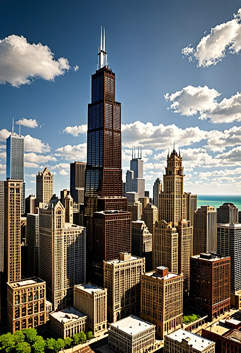 I need a piece of digital art to sell online on art and design platforms. The art should be a realistic representation of the city of Chicago, where the buildings are made from pieces of wood and the grain of the wood can be clearly seen. **Main Theme**: Representation of the city of Chicago. **Artistic Style**: abstract. **Visual Elements**: - Iconic Chicago buildings, such as the Willis Tower, the Hancock Tower, and the Wrigley Building, must be made from pieces of wood. - The wood grain should be clearly visible on all buildings, highlighting the natural details of the wood. - The cityscape should include some natural elements such as trees and Lake Michigan, also with realistic details. **Color palette**: - Natural wood colors: brown, beige and light and dark wood tones. - Natural colors for the environment: green for the trees, blue for the lake, and a light blue sky with some white clouds. **Emotions or Atmosphere**: The work must convey a feeling of creativity and harmony, showing how natural materials can be integrated into an urban environment. **File Format**: PNG **Resolution**: 300 DPI, minimum size 4000 x 3000 pixels Additional Instructions: - Make sure buildings are easily recognizable as Chicago's architectural icons. - Pay attention to the details of the wood, making sure the grain is visible and realistic. - The integration of natural elements must be harmonious and realistic, without overloading the image. - The work must be suitable for large prints, so take care of the details and image quality.