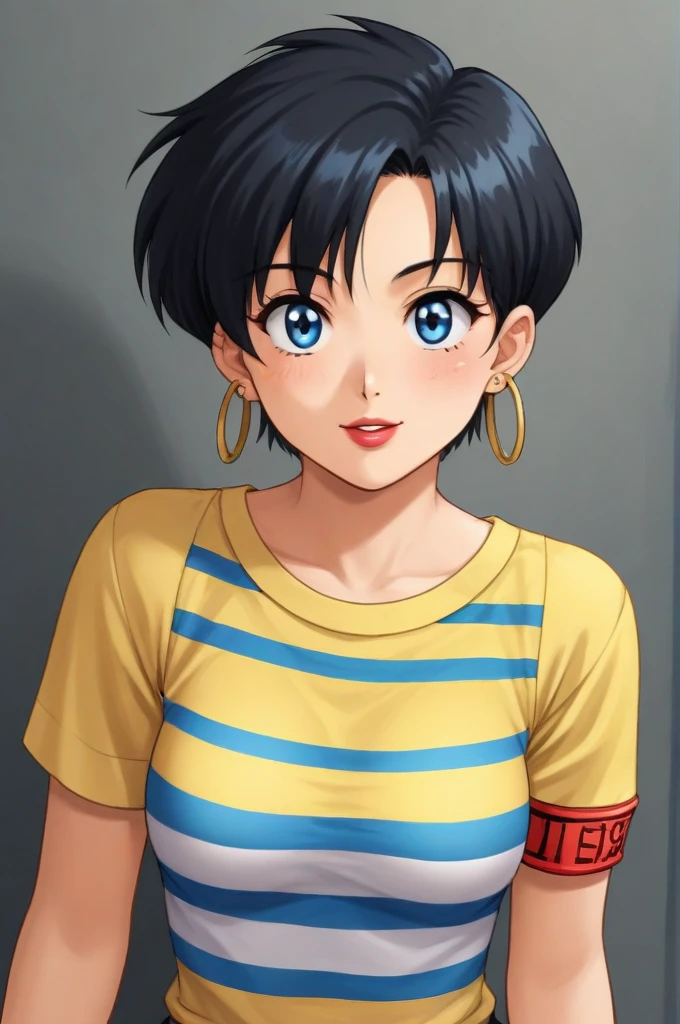 best quality,masterpiece,looking at viewer,absurdres,1girl,score_9,score_8_up,score_7_up,source_anime BREAK 1990s \(style\),retro artstyle,aida yayoi,blue eyes,black hair,short hair,jewelry,earrings,hoop earrings,lipstick,makeup,shirt,striped shirt,yellow shirt,striped clothes,armband,