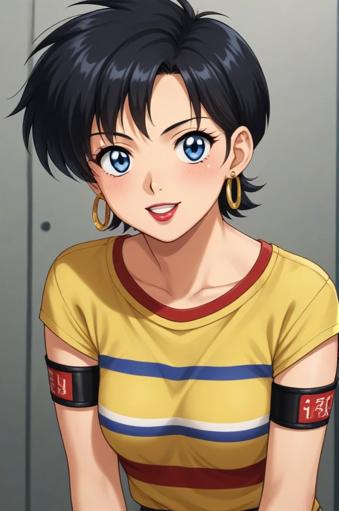 best quality,masterpiece,looking at viewer,absurdres,1girl,score_9,score_8_up,score_7_up,source_anime BREAK 1990s \(style\),retro artstyle,aida yayoi,blue eyes,black hair,short hair,jewelry,earrings,hoop earrings,lipstick,makeup,shirt,striped shirt,yellow shirt,striped clothes,armband,