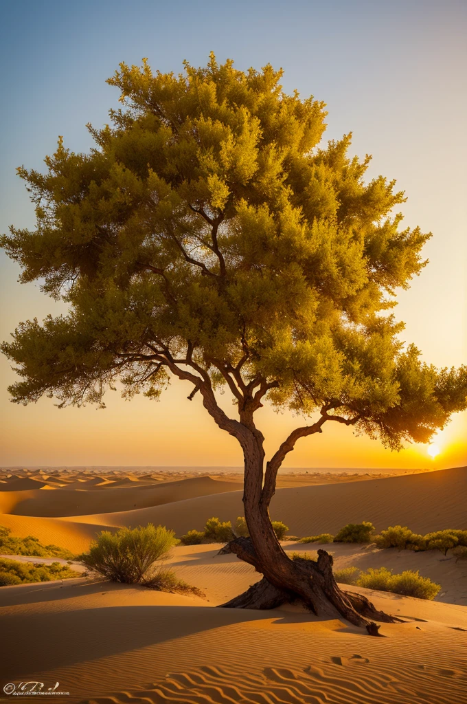 Arabian desert with just one very large tree with yellow flowers on the horizon, ao por do sol