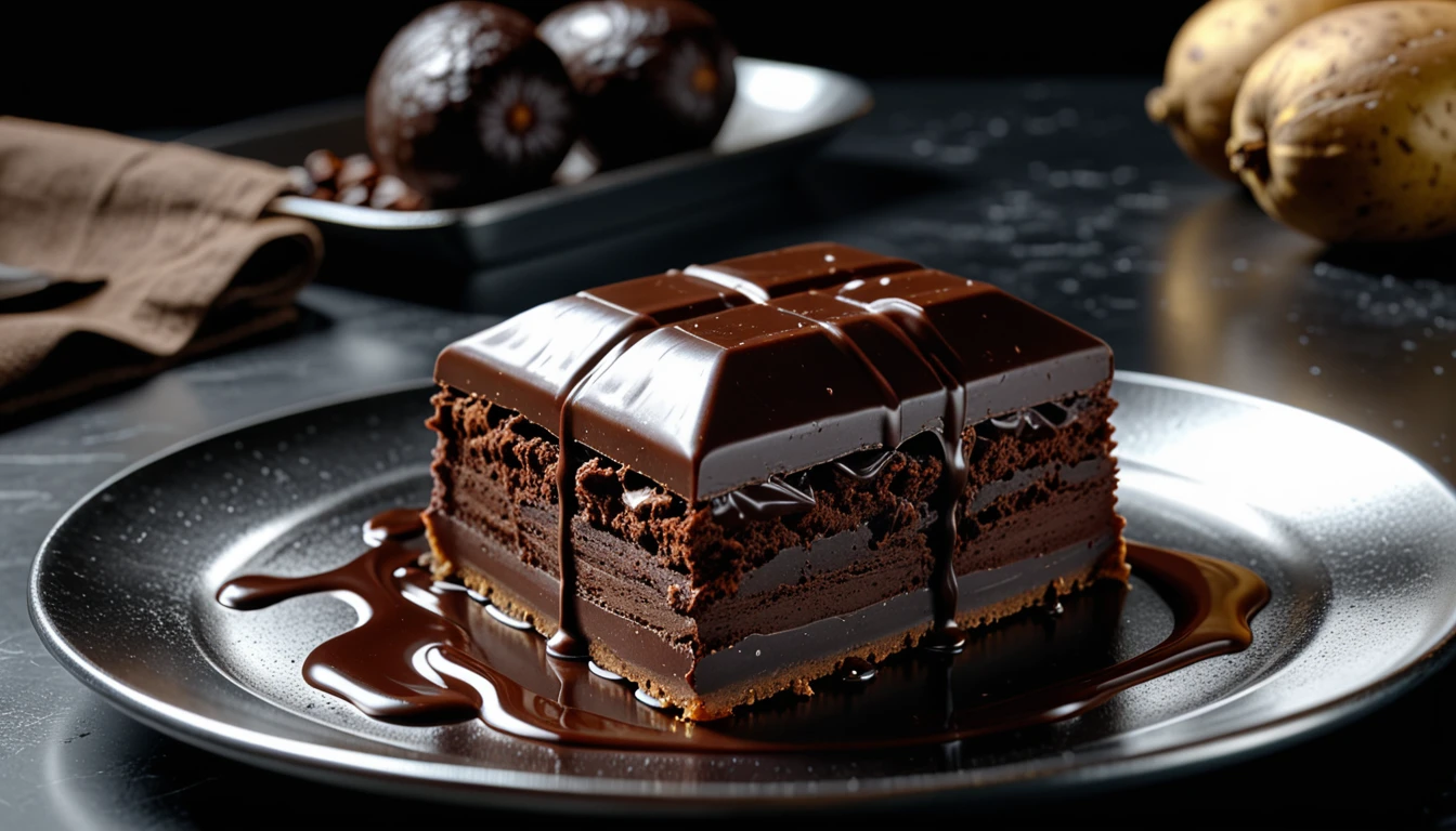 ((full scene, movie scene:1.2)), (((Dutch angle: 1.2))), (((masterpiece))), presentation, best quality, illustration, Hyperdetailed, RAW realistic photography of a chocolate that is made out of potatoe, served and presented on a silver plate in a spotlight, a 36k, high definition, cinematic, realistic stylized digital art, ultra high definition, 8k, unreal engine 5, ultra sharp focus, intricate artwork masterpiece, ominous, epic, 4k details, ultra details, dynamic lighting, cinematic, photo-realistic, 50mm lens, f/2.8, natural lighting, HDR, realism, mysterious, 64 megapixels, depth of field, hyperrealism, photorealistic, 32k ultra fine detail, masterpiece, High detailed, Realism, Epic, Enhance, Beautify, Epicrealism, intricate, detailed, 500px, (depth of field), Realism, REALISTIC, Hyperrealistic, Realism, Photo, Movie Still, cinematic, in a spotlight, more detail XL, Movie Still, more detail XL, Movie Poster, Extremely Realistic, image is taken with a ((Dutch angle: 1.2)),