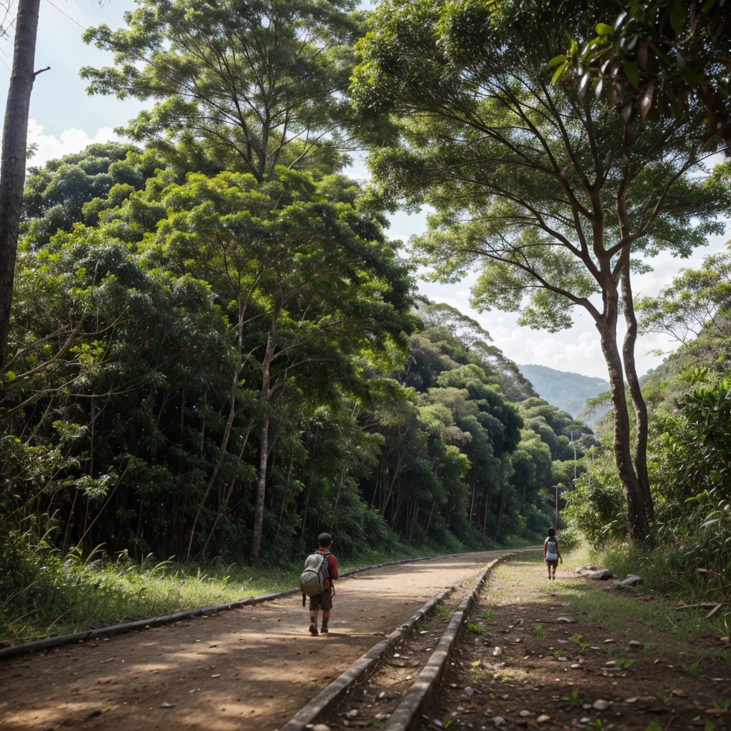 An indigenous boy watching through the trees of the forest curupira and saci talking.