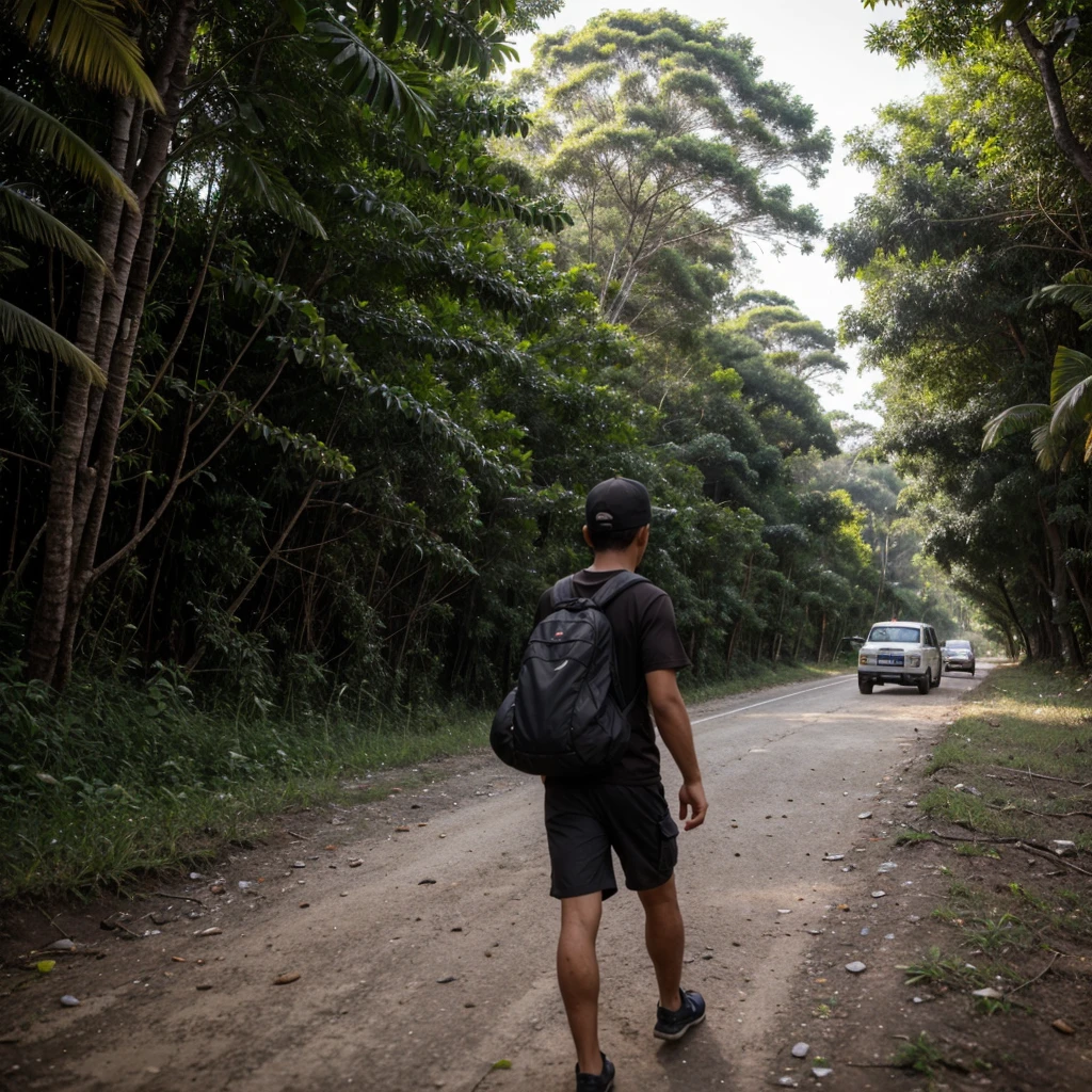 scene with the camera close to the ground, mostrando um adulto com mochila nas costas, like a survivalist and a small dog leaving a highway and heading towards a tropical forest, a qual parece ser abandonada, with many trees and in the foreground, um cogumelo pequeno estranho soltando esporos no ar, as if he intended to infect the boy who is walking.