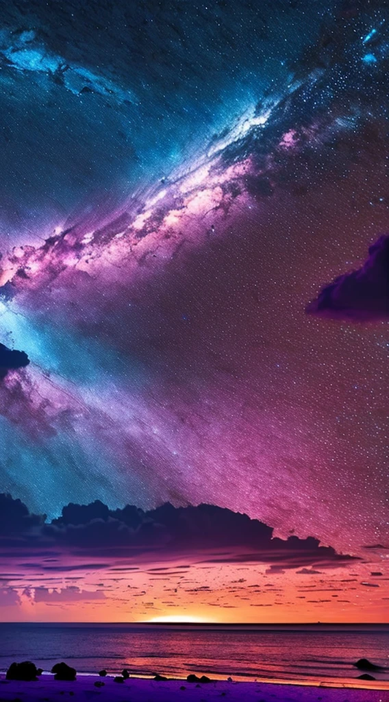 (best quality,4k,8k,highres,masterpiece:1.2),ultra-detailed,(realistic,photorealistic,photo-realistic:1.37),summer night seaside view on the beach,horizon psicodelic night sky,starry night,milky way galaxy,colorful planets,glimmering celestial bodies,starclouds swirling,mesmerizing cosmic rays,seagulls flying above the waves on the ocean, waves gently crashing onto the sandy shore,soft sand beneath your feet,sparkling moonlight reflecting on the water,cool breeze rustling through the palm trees,shimmering stars dotted across the sky,silhouette of a lighthouse in the distance,peaceful atmosphere of a beach at night,relaxing sound of the ocean waves,serene and tranquil ambiance,calming colors of the summer night,subtle hues of blue,purple, and indigo,illuminated by the soft glow of moonlight,whispering grasses swaying in the breeze,moonlight casting long shadows,creating an enchanting scene,where reality and imagination blend together,transporting you to a magical world where dreams come true.