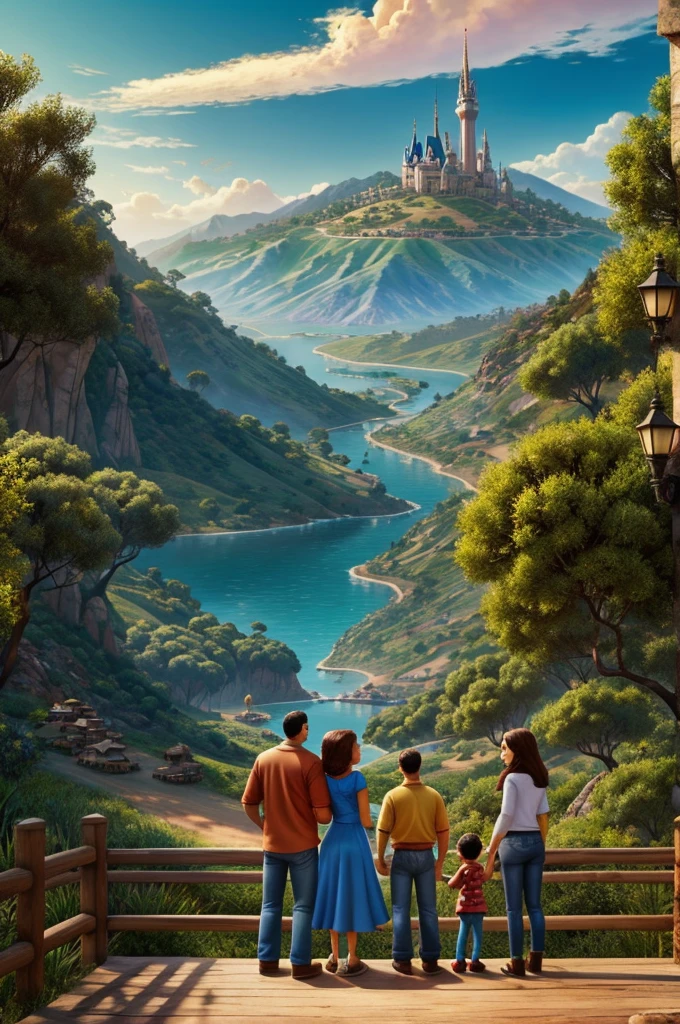 La familia compartiendo con fondo de un paisaje, estilo disney pixar