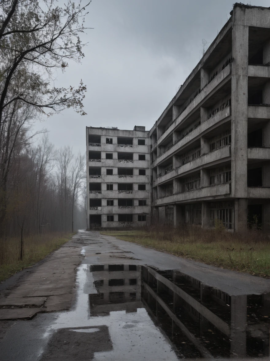 ((mejor calidad)), ((obra maestra)), Arquitectura brutalista abandonada de Pripyat, rainy day, trueno, truenobolt, Foto DSLR hiperrealista, nikon d5,negro,oscuro,neblina,horror