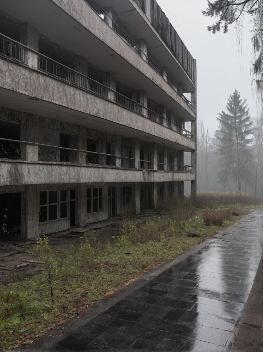 ((mejor calidad)), ((obra maestra)), Arquitectura brutalista abandonada de Pripyat, rainy day, trueno, truenobolt, Foto DSLR hiperrealista, nikon d5,negro,oscuro,neblina,horror